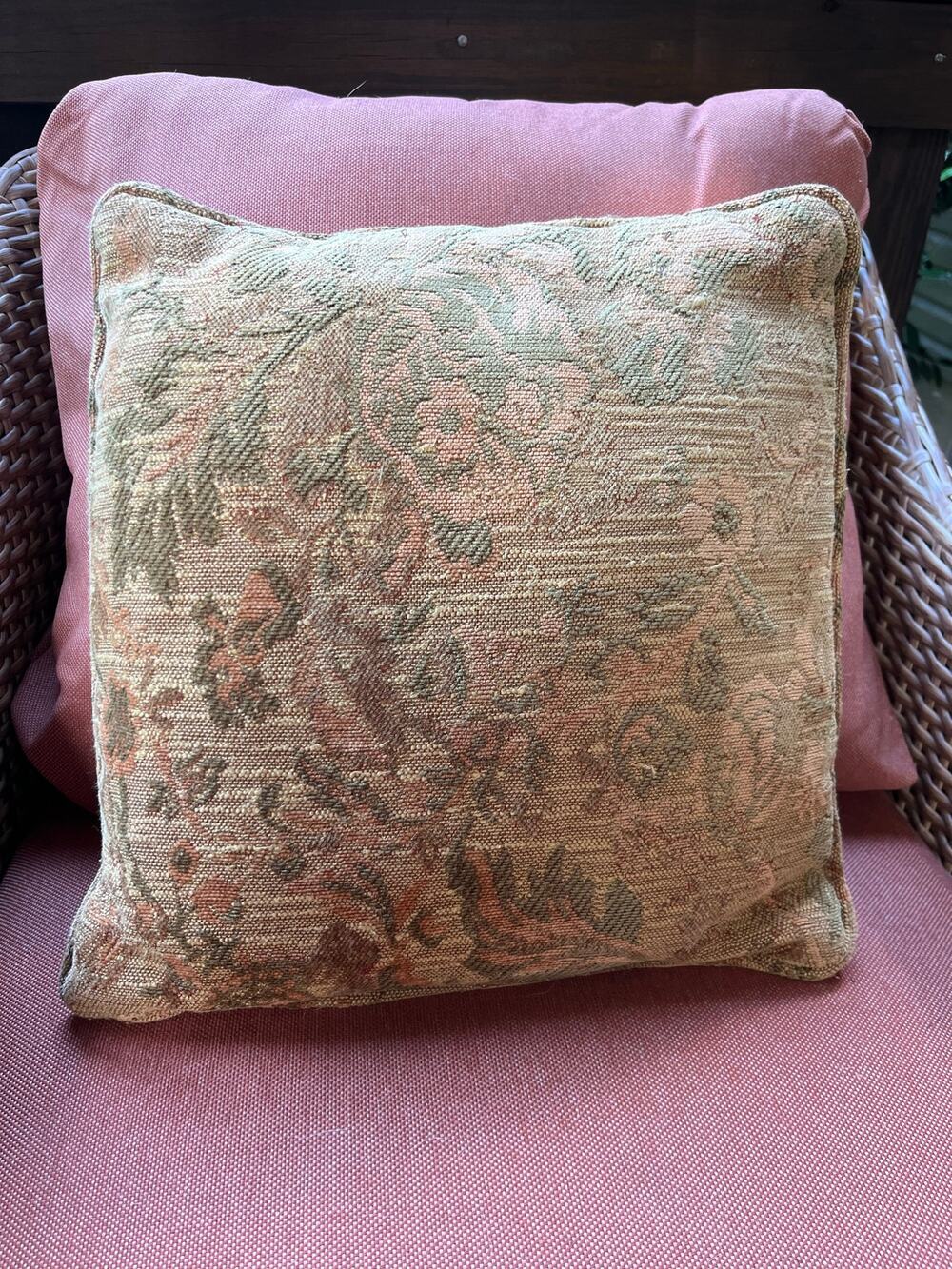 Vintage Tapestry Throw Pillow Floral Sage Green Mauve 13in Square Cottage Decor